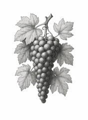 Obraz premium Vintage Grape illustration: This detailed grayscale botanical illustration presents a lush cluster of grapes hanging gracefully from a vine, each element carefully crafted.