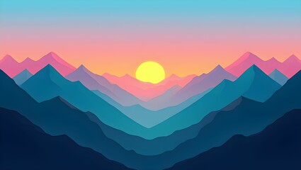 Abstract Mountain Range Landscape with Sunrise Gradient Sky and Layered Peaks