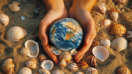 Human hands holding globe with ocean focus surrounded by seashells on sand