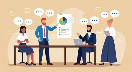 A Business Team Meeting Presentation with Charts and Office Discussion vector Art 