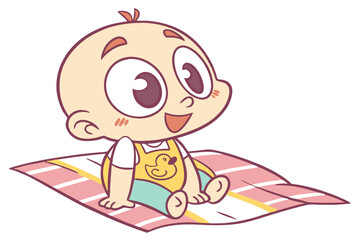 Vector cute Baby Boy cartoon character, with curious wide eyes and a happy giggle, wearing a yellow duck-themed bib and sitting on a soft blanket, in a cheerful, bright style, isolated on white backgr