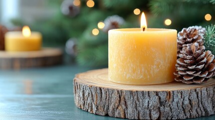 Candle's Peaceful Ambiance: A serene composition capturing the warm glow of lit candle amidst decorative elements, evoking a sense of tranquility, perfect for evoking cozy sentiments.