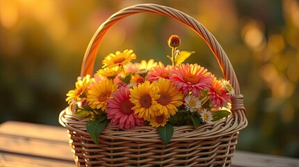 An adorable, charming basket filled with flowers bathed in warm golden hour light, exhibiting soft light reminiscent of sunrise or sunset