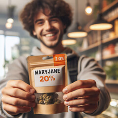 Participant in a cannabis pilot program, presents a sample of marijuana in a sealed, labeled pouch that indicates the THC content. professional dispensary. regulated approach. Access. Generative AI