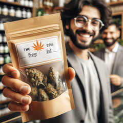 Participant in a cannabis pilot program, presents a sample of marijuana in a sealed, labeled pouch that indicates the THC content. professional dispensary. regulated approach. Access. Generative AI