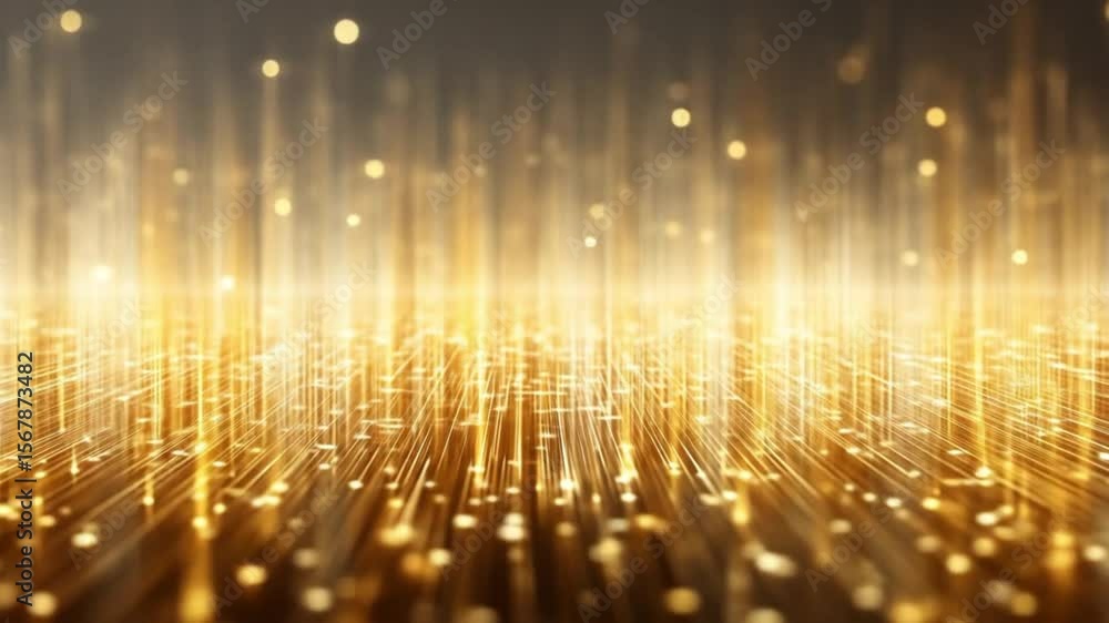 Poster a glowing golden abstract digital landscape with vertical light rays, grid lines and floating partic