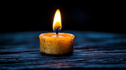Single Candle Flame: A single, flickering candle flame casts a warm, inviting glow against a dark wooden surface, creating a mood of peace, reflection, and remembrance.