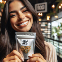 Participant in a cannabis pilot program, presents a sample of marijuana in a sealed, labeled pouch that indicates the THC content. professional dispensary. regulated approach. Access. Generative AI