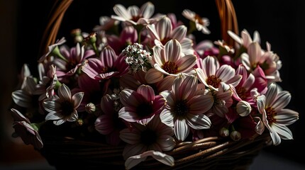 Close-up of a basket of flowers, high contrast and low key lighting highlight minute flower details, creating a dramatic effect with deep shadows