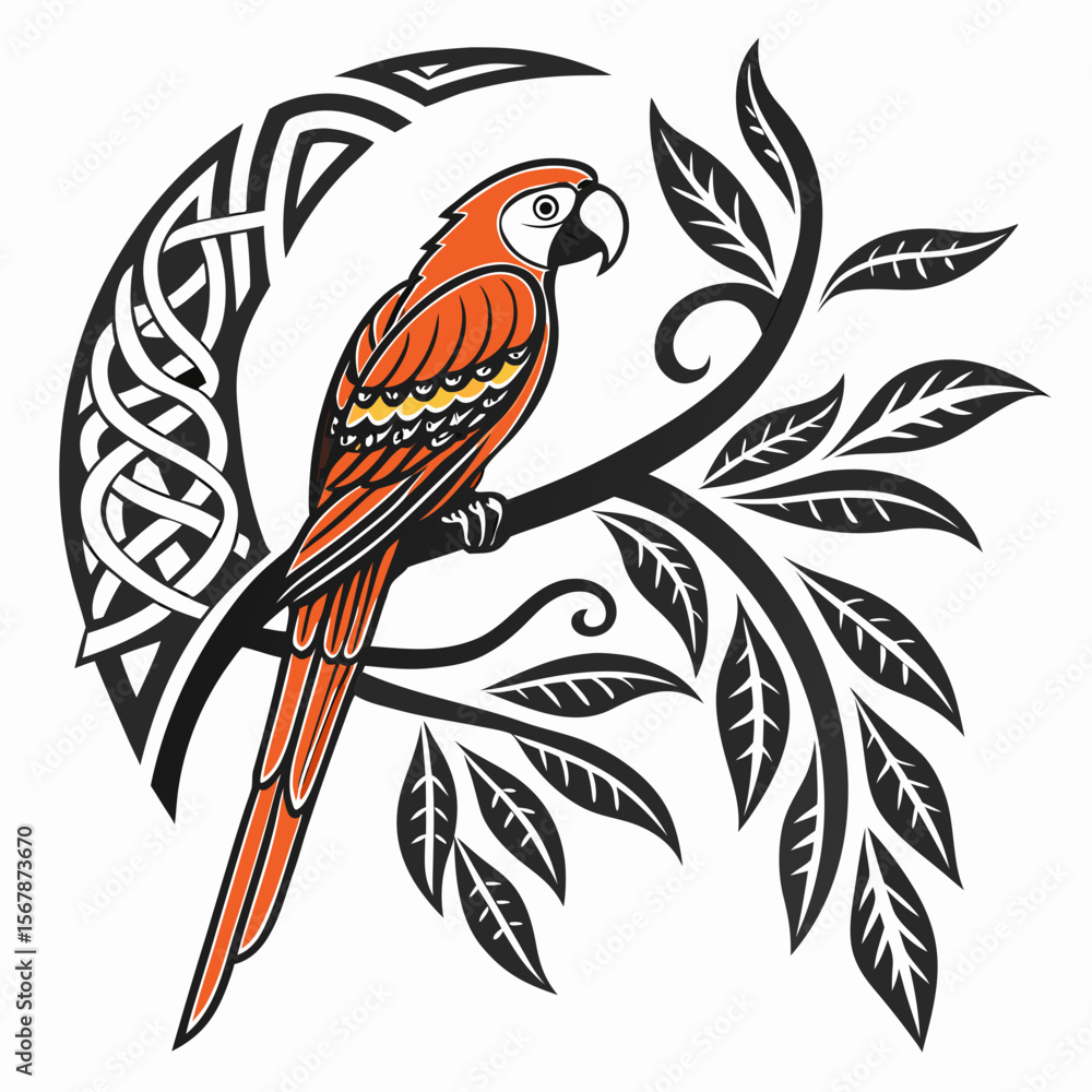 Poster illustration of a parrot perched on a leafy branch with celtic knotwork in the background design cre