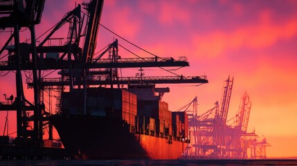Fototapeta premium Container ship loading scene (close up, focus on, copy space) sunset glow enhances metal textures Double exposure silhouette with cargo cranes.