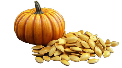 Orange Pumpkin and Seeds Still Life Autumn Harvest Thanksgiving Fall Decor on transparent background