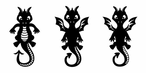 Obraz premium Three stylized black dragon silhouettes with varying wing and body designs on a white background created with generated ai