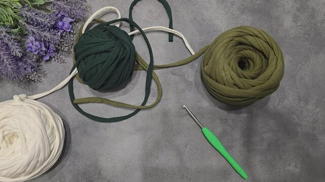 Crochet pattern from knitted ribbons. Different colors in jacquard knitted fabric. Handmade