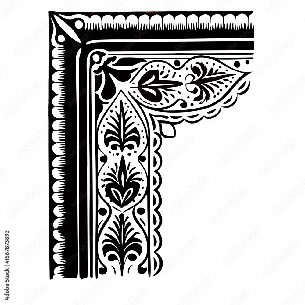Poster detailed black and white corner design with floral and scalloped elements creating an ornate pattern