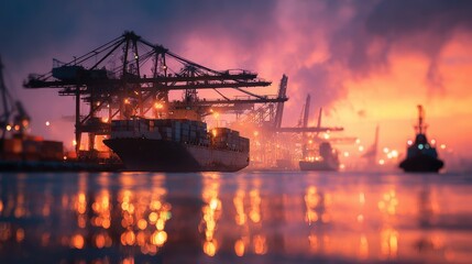 Obraz premium Container ship loading scene (close up, focus on, copy space) sunset glow enhances metal textures Double exposure silhouette with cargo cranes.