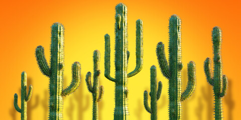 Prickly cacti. Green tropical plants. Cacti on orange background. Wild prickly plants. Cacti growing in desert. Flora of southern regions. Cactuses with sharp thorns. 3d image.