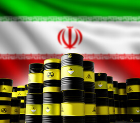 Iran nuclear stockpiles. Barrels of radioactive material. Iran flag. Fuel for Iran nuclear reactors in barrels. Containers with uranium for nuclear installations. Radiation hazard. 3d image © Grispb