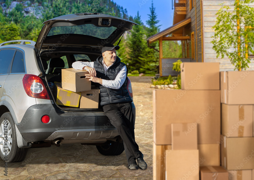 Poster man with boxes near trunk of car. guy moves using cardboard containers. transporting boxes during re
