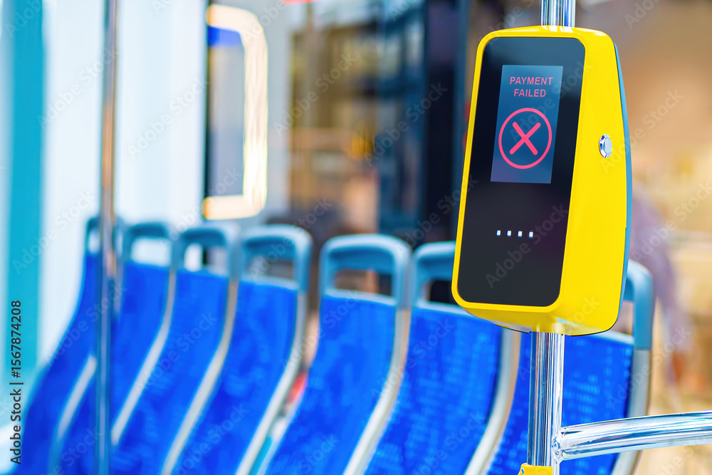 Poster payment terminal in public transport. payment processing error. tram with non-working pay terminal. 