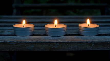 Candlelight Harmony: Three lit candles cast a warm, inviting glow upon a wooden surface, creating a serene and contemplative atmosphere.