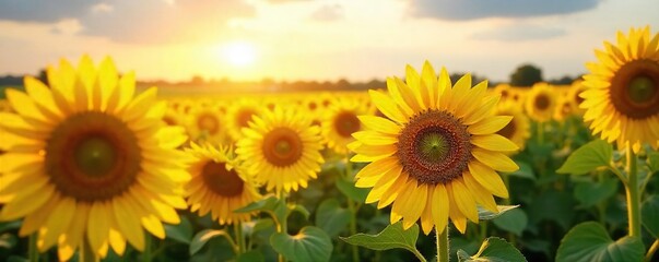 Vibrant Sunflower Field at Sunset Optimism and Renewal in Rural Landscape