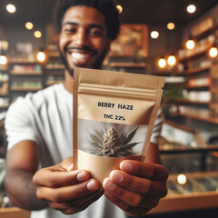 Participant in a cannabis pilot program, presents a sample of marijuana in a sealed, labeled pouch that indicates the THC content. professional dispensary. regulated approach. Access. Generative AI