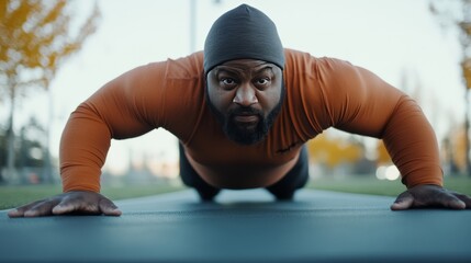 Overweight man doing plank exercises on yoga mat, serious expression, camera angle from ground level