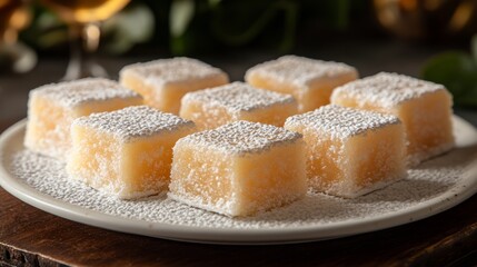 Gourmet Dessert Cubes: A culinary display of elegant dessert cubes dusted with powdered sugar, offering a tempting treat for the senses, perfect for culinary imagery.