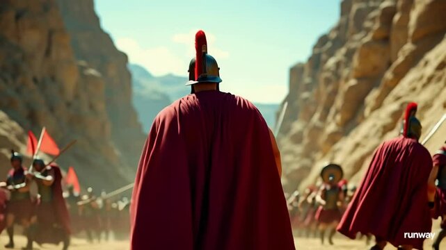 Spartan warrior sprints toward enemy amidst hail of arrows with cape fluttering
