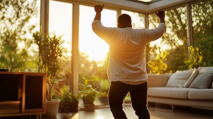 Overweight person dancing for fun at home, carefree and expressive, joyful motion blur