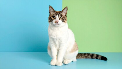 Happy smiling cat on blue green background