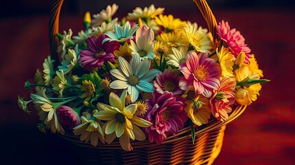 A basket filled with flowers in electric vivid colors, warm tones, slight darkness, soft contrast, soft saturation, professional editorial style