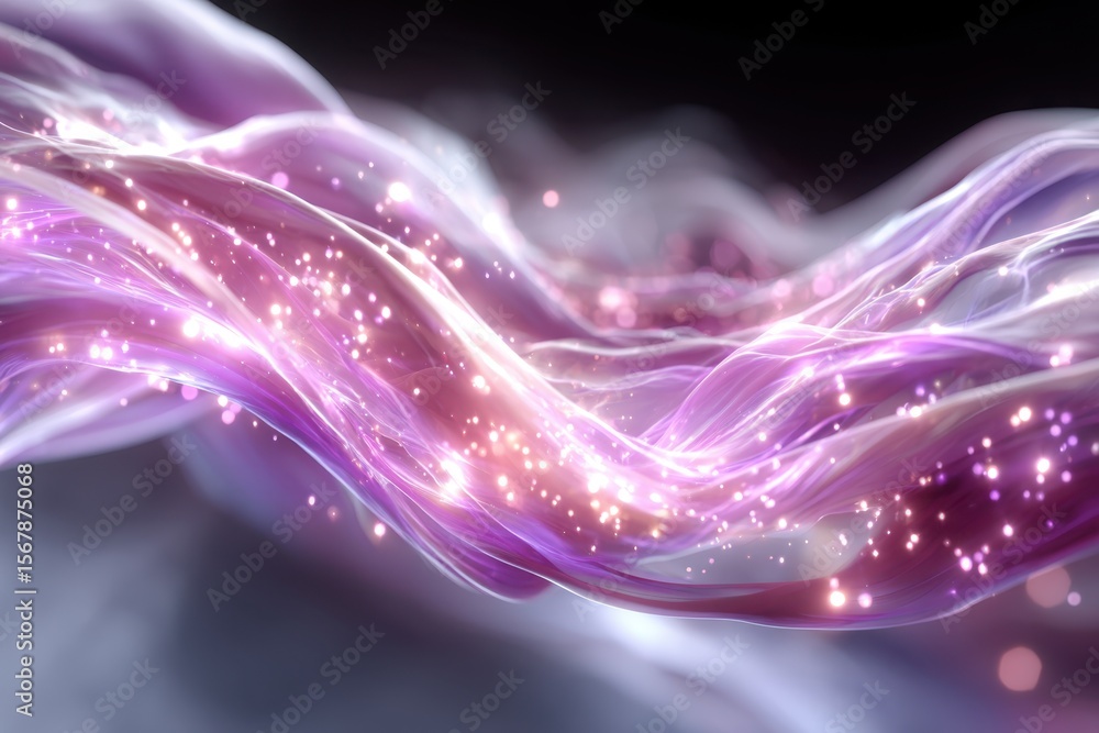 Poster colorful and luminous abstract wave flowing through a dark space with sparkling elements