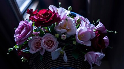 Low-angle perspective of a sophisticated burgundy and deep blue basket filled with elegant flowers, dramatic lighting, looking upward