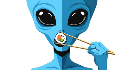 Cute Blue Alien Enjoying Sushi with Chopsticks - Fun Vector Illustration - High-quality stock image for commercial use