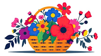 Modern flat design depicts a basket of flowers using simple, two-dimensional shapes and electric, vivid colors. Bold, saturated hues dominate the scene