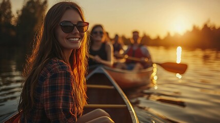 Friends canoeing on a lake at sunset, smiling and having fun together