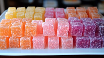 Sweet Spectrum: An array of vibrant, bite-sized, fruit-flavored candies arranged in a colorful and appealing display, invoking the pleasure of indulgence.