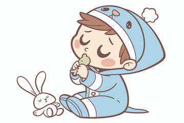 Vector cute Baby Boy cartoon character, with soft, sleepy eyes and a thumb in his mouth, wearing a cozy blue blanket sleeper and holding a small, worn bunny, in a comforting, peaceful style, isolated 