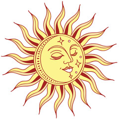 Stylized sun face with closed eyes celestial illustration