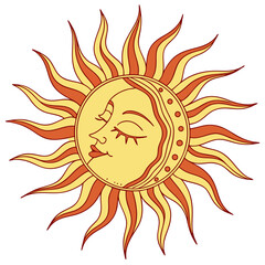 Stylized sun face with closed eyes celestial solar