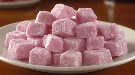 Pink Cubes of Delight: A pile of enticing pink sweets rests elegantly on a plate, tempting the eye with its sugary allure and a promise of sweet pleasure.