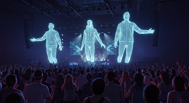 Concert crowd enjoys a futuristic performance with holographic performers show