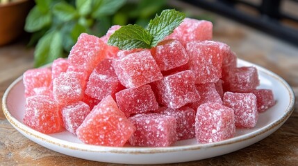 Sweet Delight: A close-up shot captures a plate overflowing with vibrantly pink, square-shaped, candied delicacies, adorned with a sprig of fresh mint, tempting the viewer with its sugary allure.