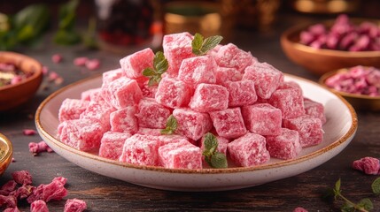 Pink Delight Cubes: Delicate pink dessert cubes, dusted with sugar, rest on a plate, a culinary delight to tantalize taste buds.