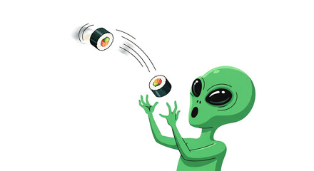 Obraz premium Cartoon Green Alien Juggling Sushi Rolls on White Background, Food Concept, Extraterrestrial Fun, Modern Illustration