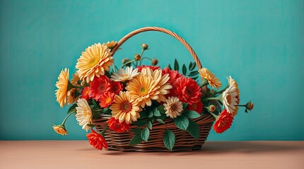 Warm terracotta and cool turquoise are the hallmarks of a basket of flowers. Commercial quality, professional lighting, earthy and cool contrasts