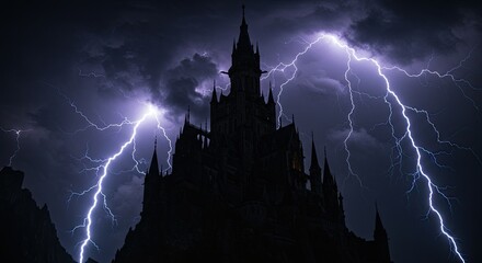 Dark gothic castle silhouette under a stormy sky with dramatic lightning strikes