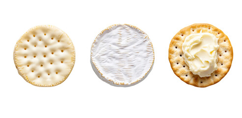 Set of Brie cheese rounds - whole wheel, wedge cut, and creamy spread on cracker.